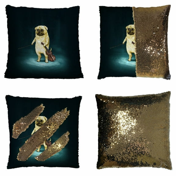 ZKGK Pug Puppy Reversible Mermaid Sequin Pillow Case 16x16 inches
