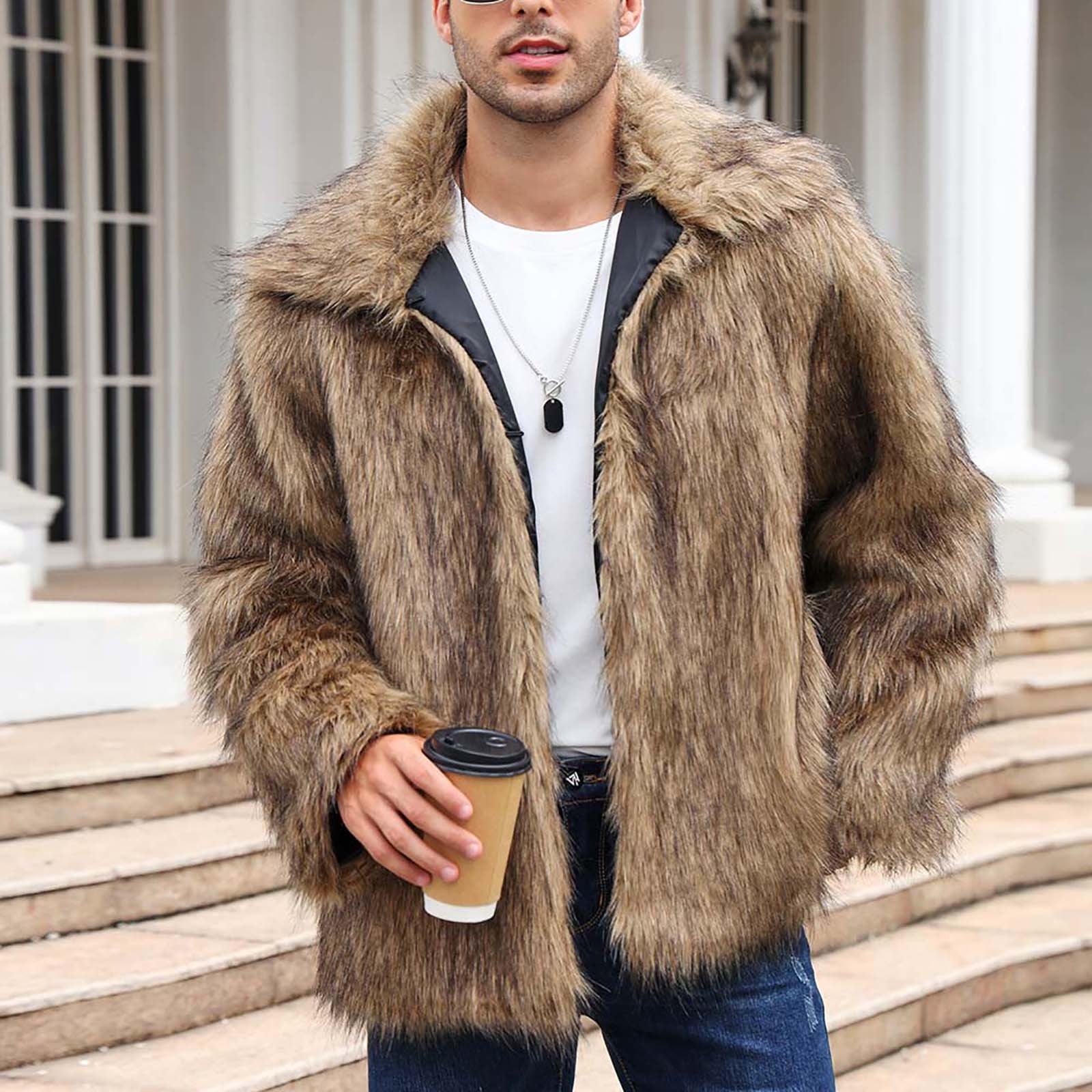 Styesk Jackets for Men Mens Warm Faux Furry Long Coat Jacket Winter Solid  V-neck Outerwear