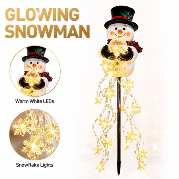 Christmas Snowman Garden Stake Light with Cascading Snowflake LED, Outdoor Yard Pathway Decor with Glowing Ball, Holiday Lawn Patio Decoration, Xmas Gift for Family Friends