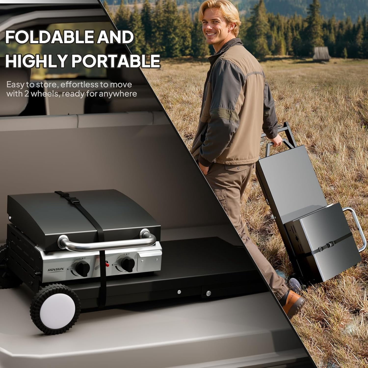 TUFFIOM 2 Burner Foldable Propane Griddle with Wheels, Enameled Tray & Lid, Portable Rolling Flat Top Gas Grill with Electronic Ignition & Regulator for Outdoor Cooking Camping BBQ Tailgating
