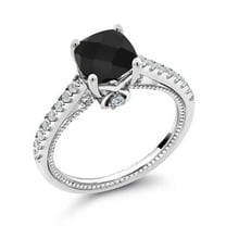 Gem Stone King 1.77 Ct Cushion Checkerboard Black Onyx White Created Sapphire 925 Sterling Silver Ring
