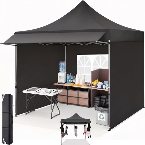 COBIZI 10x10 Heavy Duty Pop up Canopy with Awning and Sidewalls, Easy Setup, Waterproof Tent, UPF 50 , Black