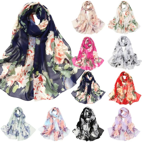 Women's Floral Print Long Soft Wrap Scarf Simulated Silk Shawl Fashion