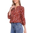 thumbnail image 4 of CAMISA FLORAL DE CUELLO EN V INSPIRADA CHIC PARA MUJERES, CON MANGAS 3/4, FRONTAL FRUNCIDO, BOTONES, BLUSA CASUAL DE VERANO TALLA S NARANJA OSCURO, 4 of 6