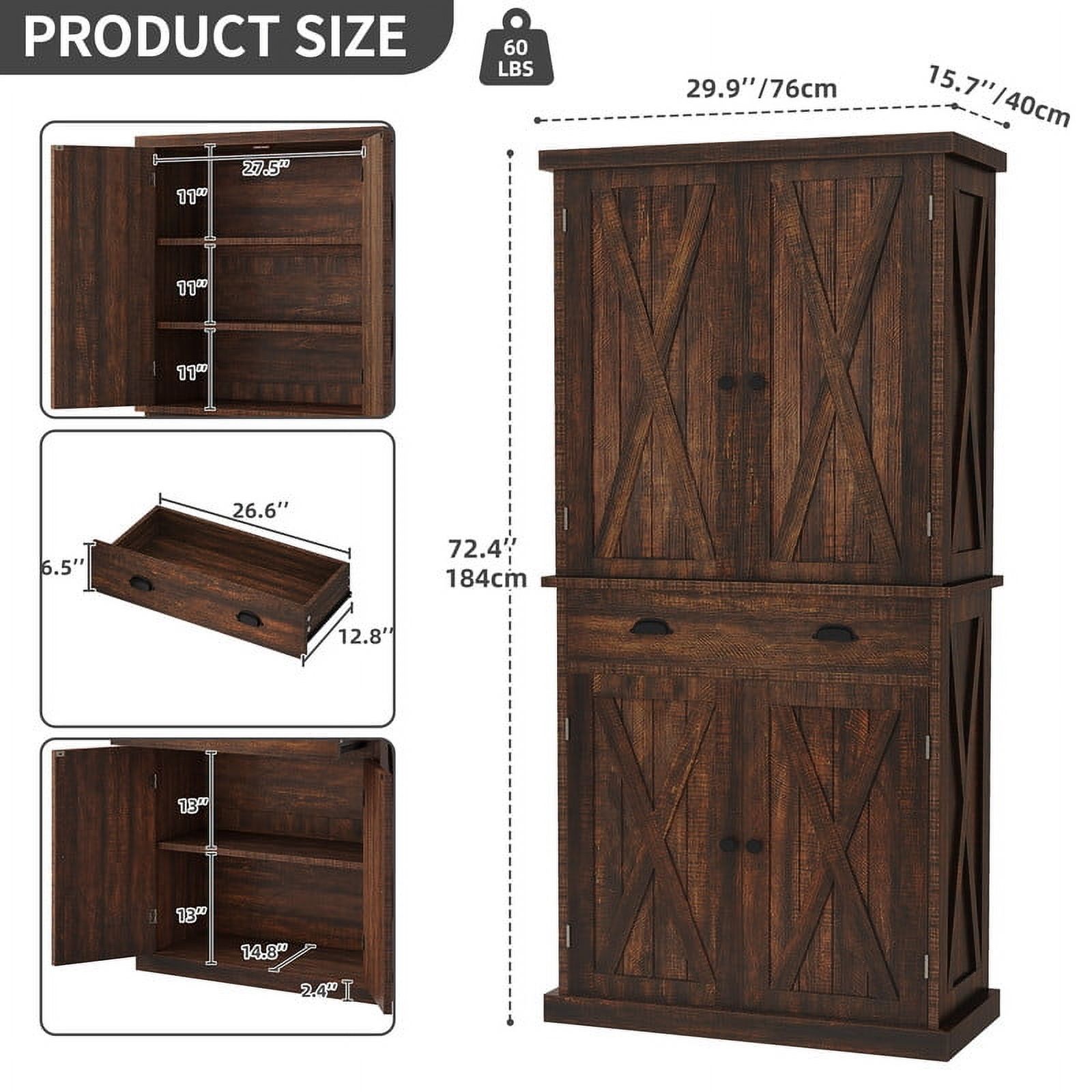 Uforic 71" Tall Farmhouse Kitchen Pantry Cabinet with Drawer and Adjustable Shelves, Brown Oak