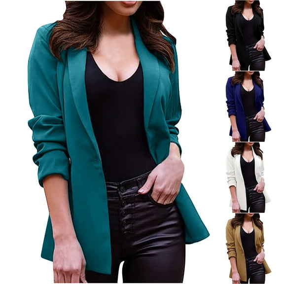 Kilaqueen Open Front Womens Plus Size Blazer, Long Sleeve Blazers for Women Business Casual Lapel Suit Jackets Solid Color Work Office Lightweight Cardigan