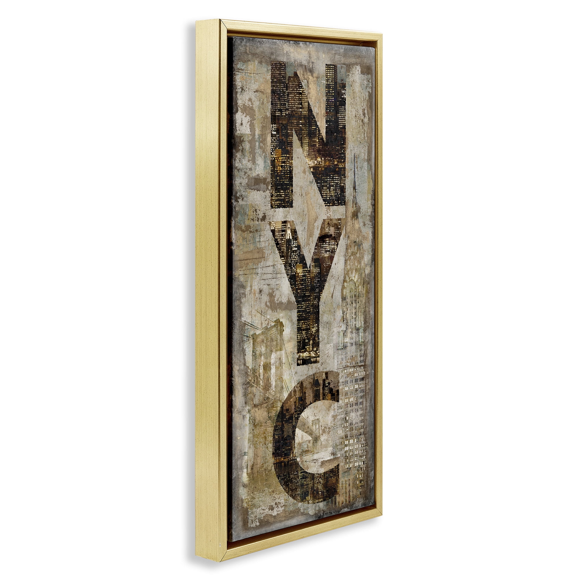 Stupell Industries New York City Montage Collage Town & City Painting Gold Floater Framed Canvas Art Print Wall Art, 11 x 25