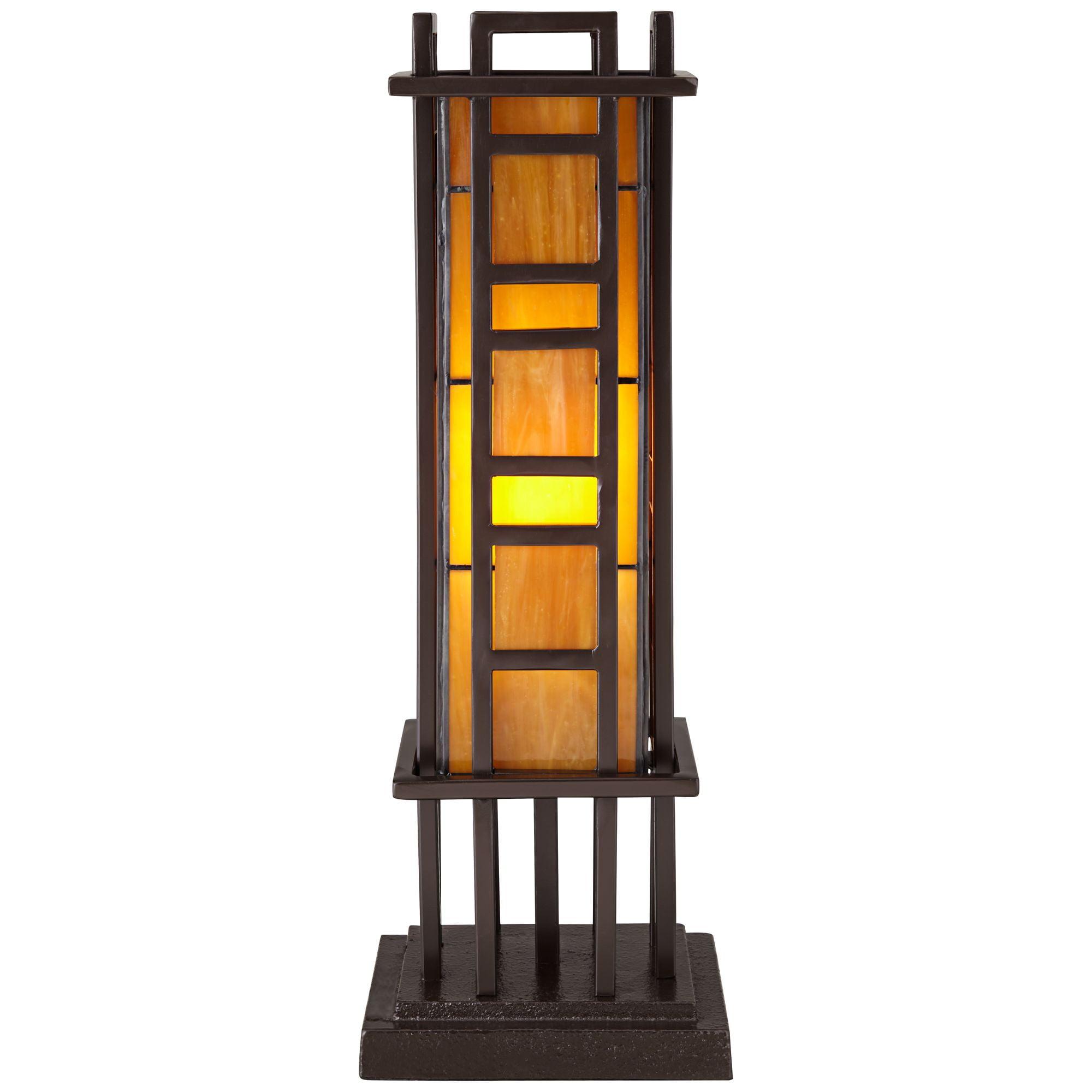 Robert Louis Tiffany Prairie Mission Accent Table Lamp 20" High Bronze Geometric Metal Amber Stained Glass for Bedroom Living Room Bedside Nightstand
