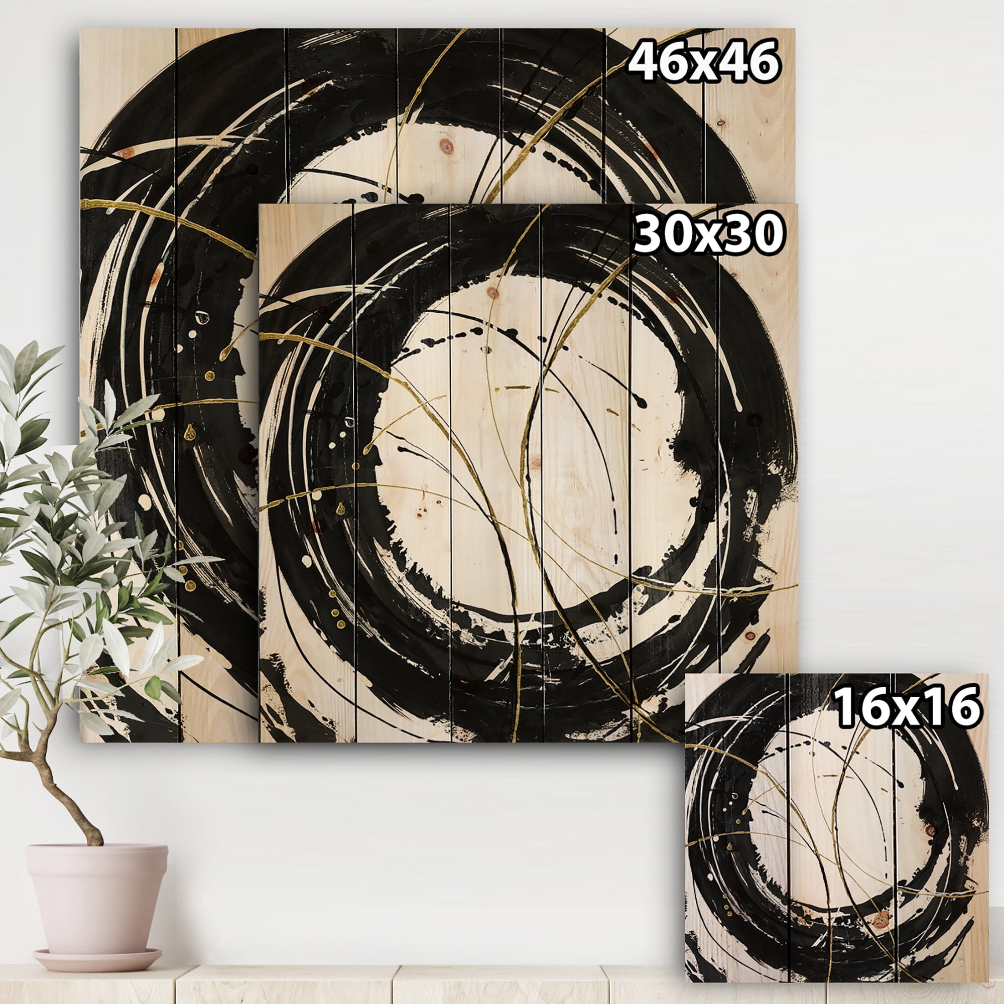Designart 'Gold and Black Metallic Circle' Modern Glam Print on Natural Pine Wood