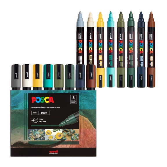 uni POSCA PC-5M Water-Based Paint Markers, Reversible Medium Tip (1.8-2.5mm), Earthtone Ink Colors, 8 Count