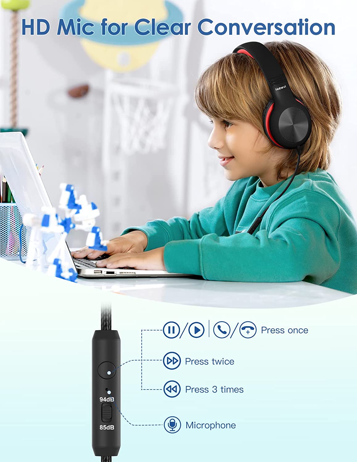 Comvin Kids Headphones with Cord - Foldable Wired Design photo 7