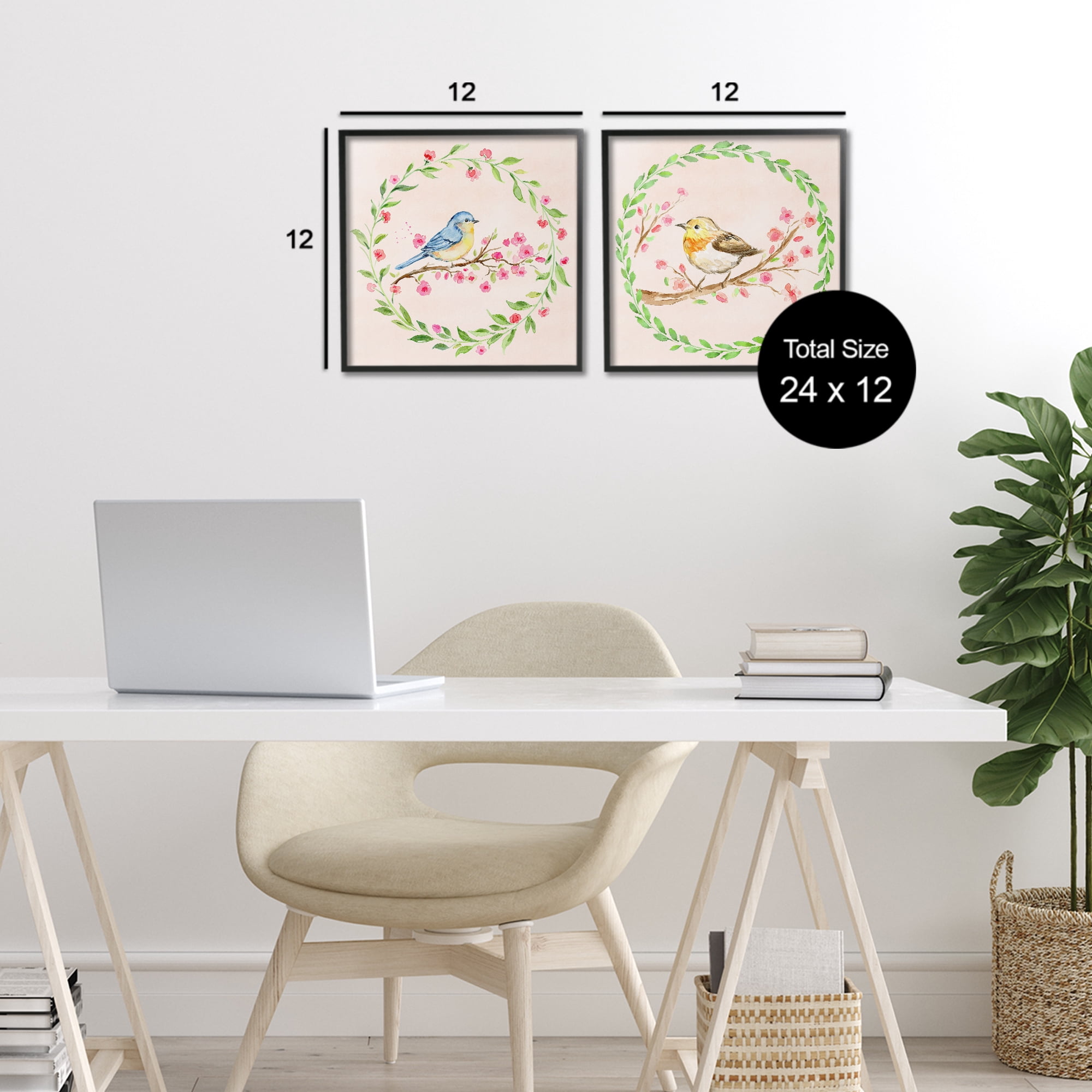 Spring Branches & Wreath Birds 2 Piece Black Framed Giclee Art Set, design by Elena Fay