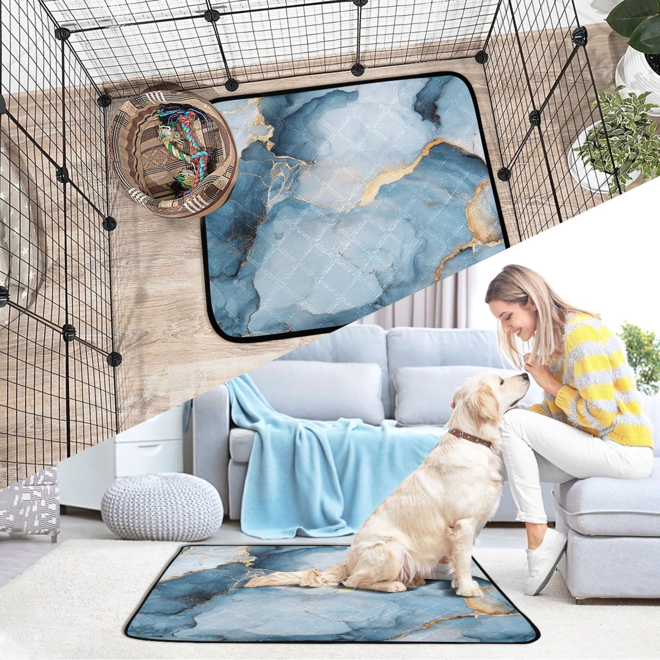 Qxltty Light Blue Gilt Marble Cat litter Pads Pet Set of 3 Diaper Mats Center Anti-leakage Layer Absorbent Soft and Comfortable