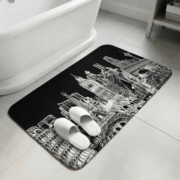 Modern Country Washable Area Rugs for Living Room Bedroom, Large Non Slip Indoor Floor Carpet Absorbent Low Pile Abstract Global Landmarks Black Door Mat Rugs for Bathroom Entryway 47.2"x63"
