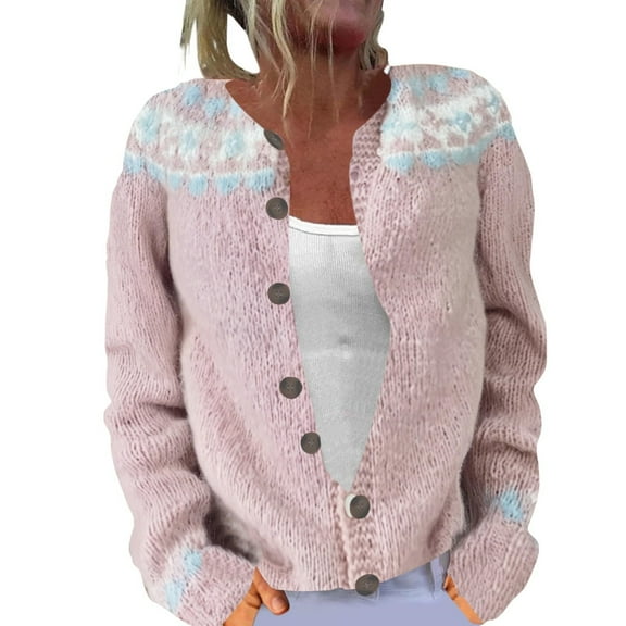 Oksale Jacquard Knitwear for Women Cotton Open Front Fair Isle Cardigan Casual Button Down Winter Outerwear Long Sleeve Fall Jackets 2025 Pink XXL
