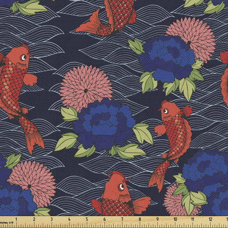 East Fabric by the Yard Upholstery, Traditional Japanese Koi Fish Pattern  Carnation Flower Petals and Leaves, Decorative Fabric for DIY and Home  Accents, Coral Red and Indigo by Ambesonne 