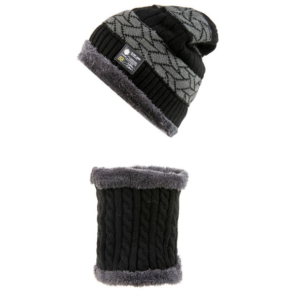 Ywmsfl Men Knitted Hat Scarf Set Neck Warmer Men Fleece Lining Skullies Neckerchief Scarf