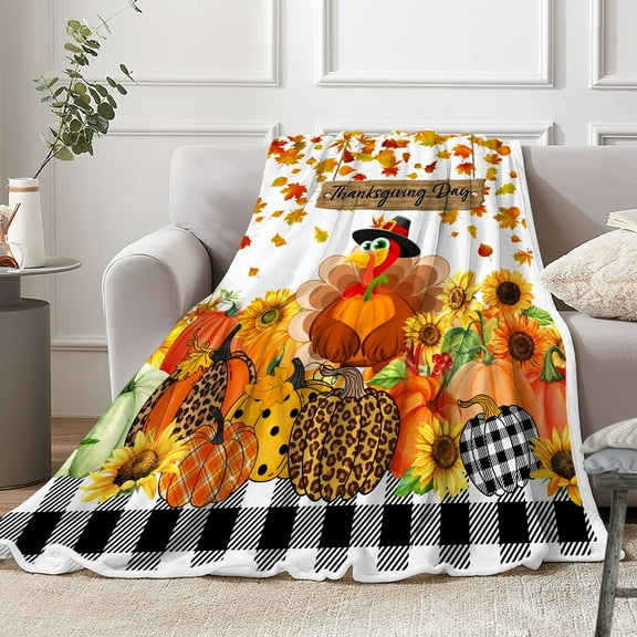 Thanksgiving Turkey Throw Blanket, Rustic Pumpkin Fall Leaves Buffalo Check Plaid Cozy Fuzzy Flannel Blankets and Throws, Sunflower Autumn Farmhouse Couch Sofa Bed Travel Outdoor Blanket,50X60IN