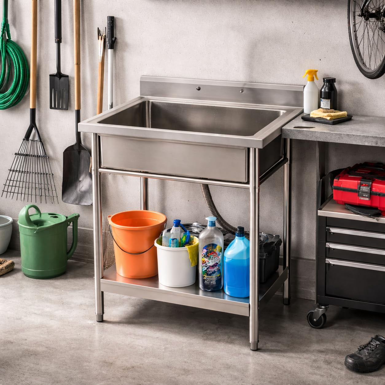 Kicctian Freestanding Stainless Steel Utility Sink,Adjustable Legs, Storage Shelf, Hooks and Backsplash, for Kitchen Garage Farm