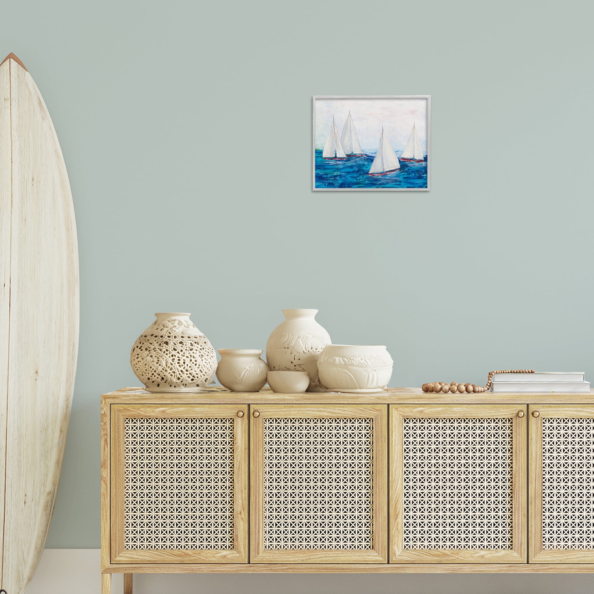 Stupell Industries Sailboat Fleet on Ocean Coastal Painting Gray Framed Art Print Wall Art, 14 x 11