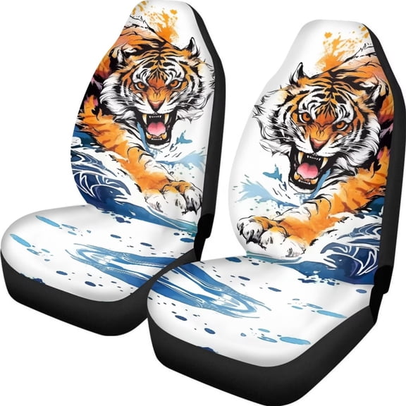 chaqlin Tiger Pattern Seat Covers for Cars Breathable Car Front Seats 2 Pieces Set Elastic Automobile Interior Accessories for SUV Trucks Vans
