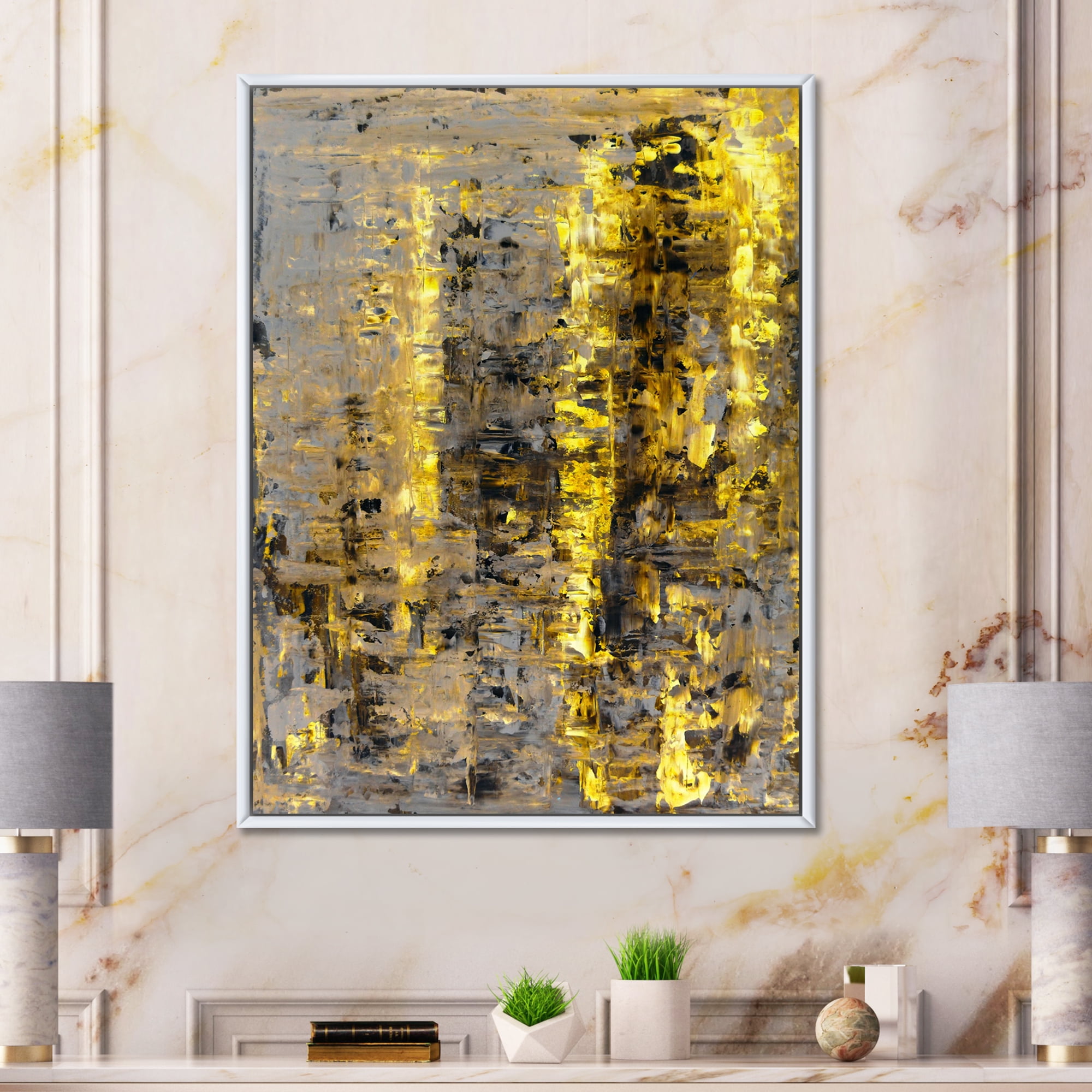 Designart 'Grey Meets Yellow Abstract Art II' Modern Framed Canvas Wall Art Print