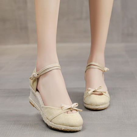 

uikmnh Women Shoes Fashion Women Summer Weave Bow Comfortable Wedges Shoes Beach Round Toe Breathable Sandals Beige 8