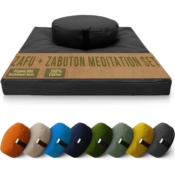 Cotton Meditation Cushion and Mat Set - Organic Buckwheat Filled Oval Zafu Meditation Pillow and Cotton Filled Zabuton Floor Pad - Made in USA, Black