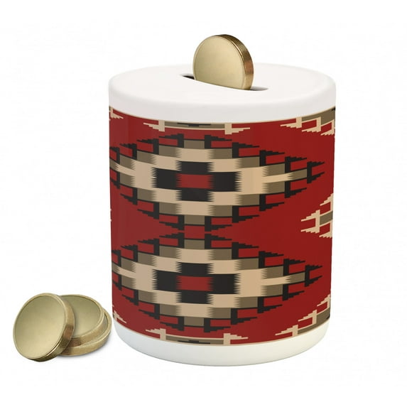 Afghan Piggy Bank, Middle Eastern Folklore Pixel Art Triangles Afghan Style Geometric Illustration, Ceramic Coin Bank Money Box for Cash Saving, 3.6" X 3.2", Multicolor, by Ambesonne