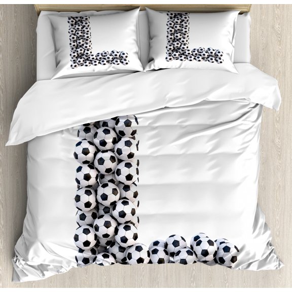 Letter L Duvet Cover Set King Size, Letter L with Football Theme Soccer Balls in Vertical and Horizontal Order, Decorative 3 Piece Bedding Set with 2 Pillow Shams, Black and White, by Ambesonne