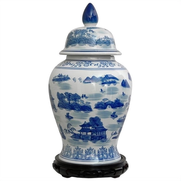 Oriental Furniture Pot Temple Paysager de 18 Pouces en Bleu et Blanc