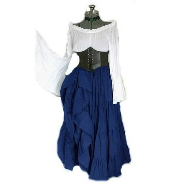 Renaissance Dress Women Vintage Flare Long Sleeve Medieval Chemise Dress  Corset Belted Gothic Halloween Costume 