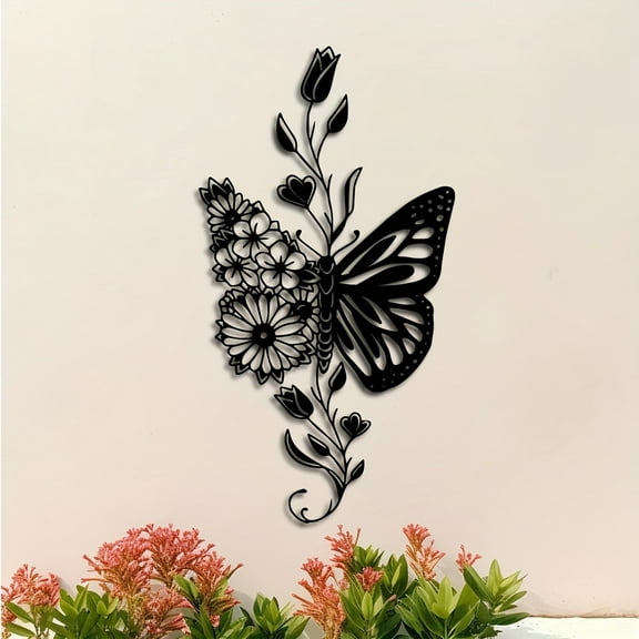 HELLOYOUNG 15.75 Inch Metal Wall Sculpture – Black Iron Flower & Butterfly Art, Large Hanging  Art of Murals  for Garden/Porch Transformation Accessories for Home Decor