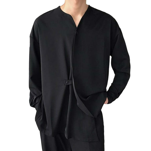 Bcfgryg Male Autumn Casual Loose Irregular Shirt Collarless Long Sleeve Shirt Blouse Men’S Dress Shirts Black
