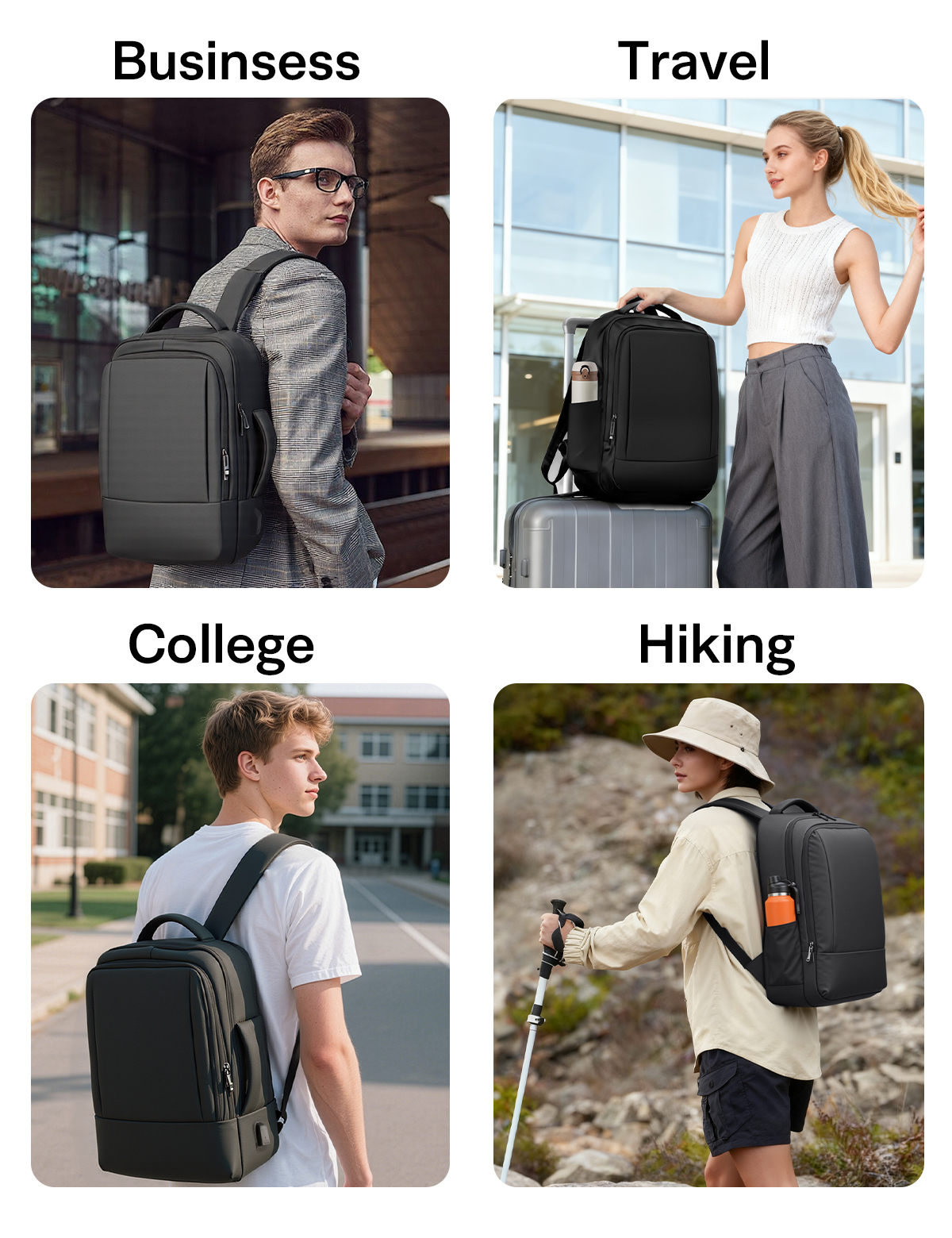 Aisboks 36L Expandable 17.3'' Laptop Backpack,Carry On Business Travel Backpack for Men and Women, Premuim Weekender Luggage Bag with USB Charging Port, Black