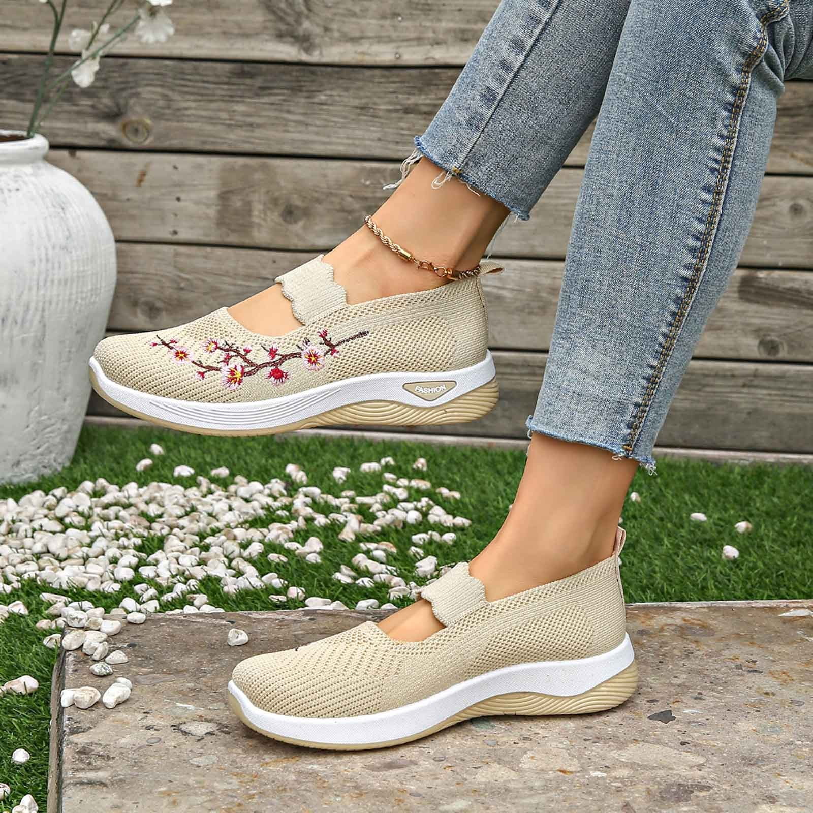 Women's Flower Embroidered On Knitting Flat Loafers,Mary Jane Breathable Elastic Mesh Comfy Platform Non Memory Foam Mom Walking Nurse Shoes Casual Walking Sneakers
