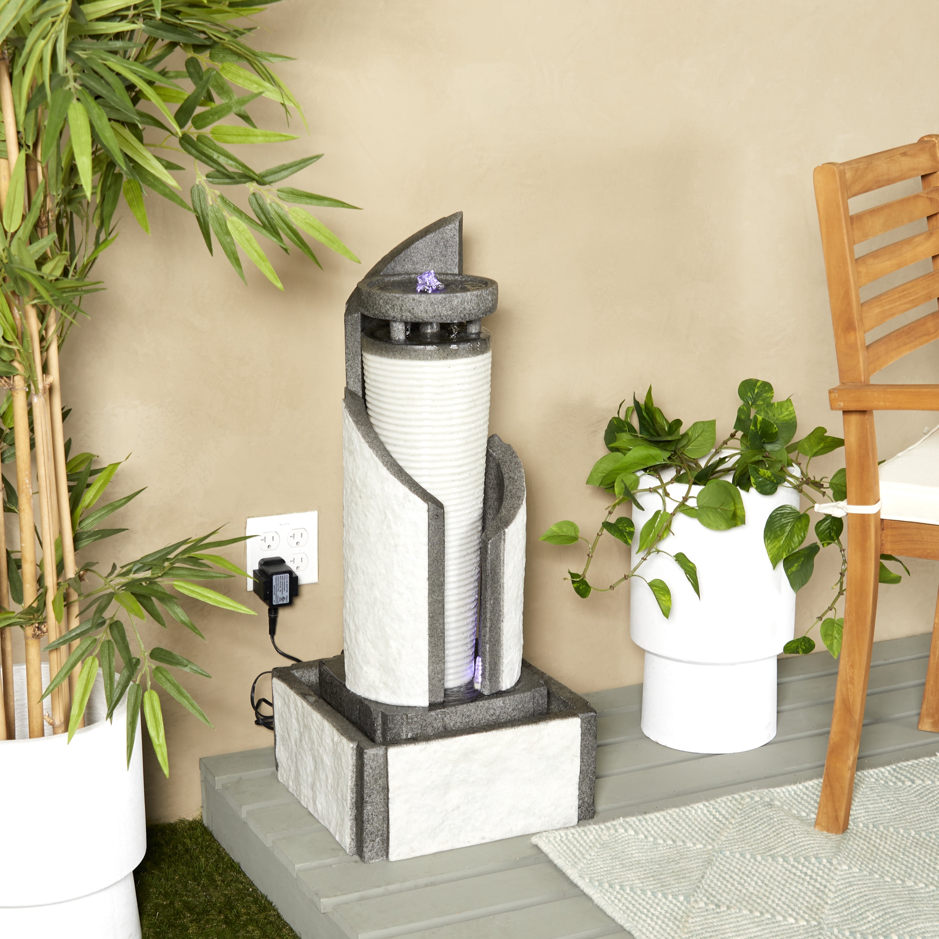 DecMode Light Gray Geometric 2 Tier Fountain Indoor Outdoor Decor with LED Light