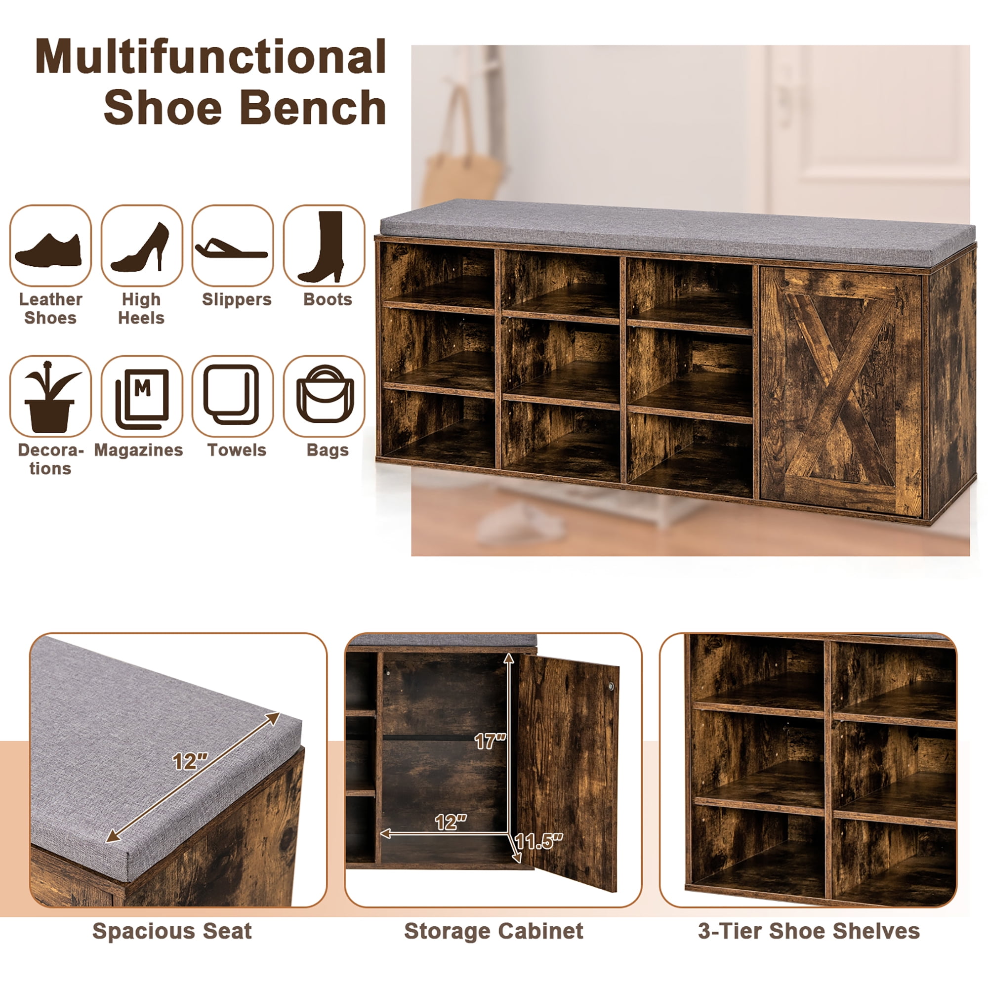 Costway Shoe Bench w/Padded Cushion 9-cube Adjustable Storage Shoe Rack Rustic Brown