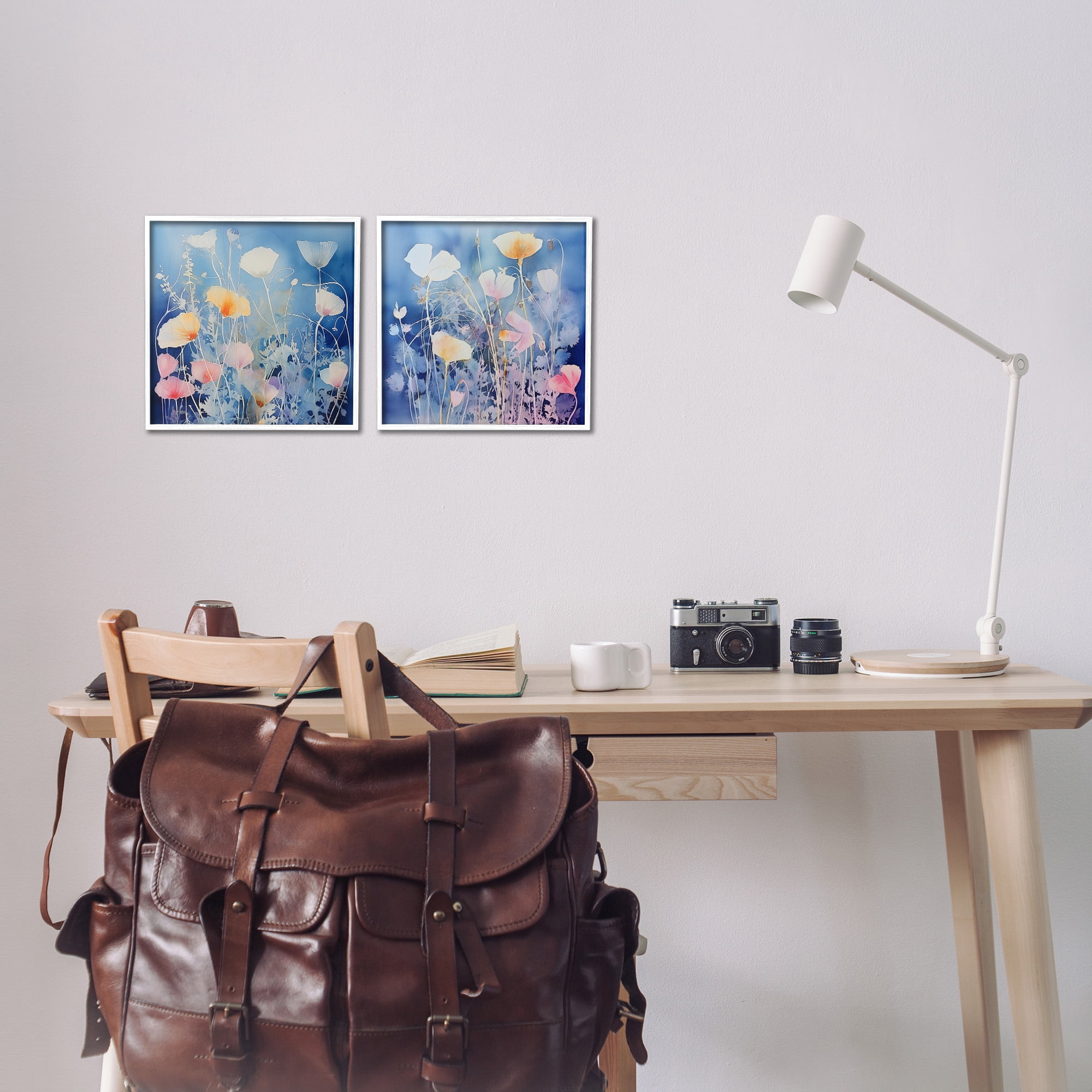 Stupell Industries Abstract Poppies on Blue Botanical & Floral Painting White Framed Art Print Wall Art, 12 x 12, Set of 2