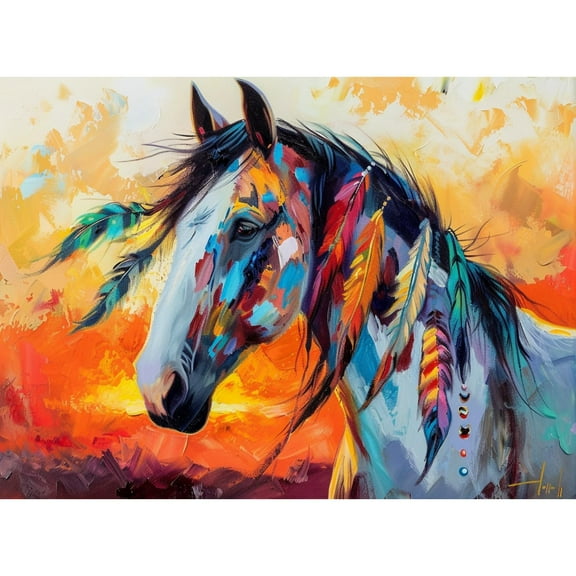 American Native Indian Feather Horse 5D Diamond Art Painting by Number Kits for Adults DIY Paint with Round Full Drill Diamond Gems Painting Art Craft for Home Wall Decor 15.8x19.8in