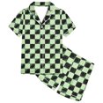 thumbnail image 6 of Odeerbi 2-12 Years Teen Boys Girls Summer Satin Pajamas Notched Lapel Short Sleeve Shirts Shorts Set Soft Loungewear Retro Plaid Print Sleepwear Teen Boys Girls Clothes, 6 of 6