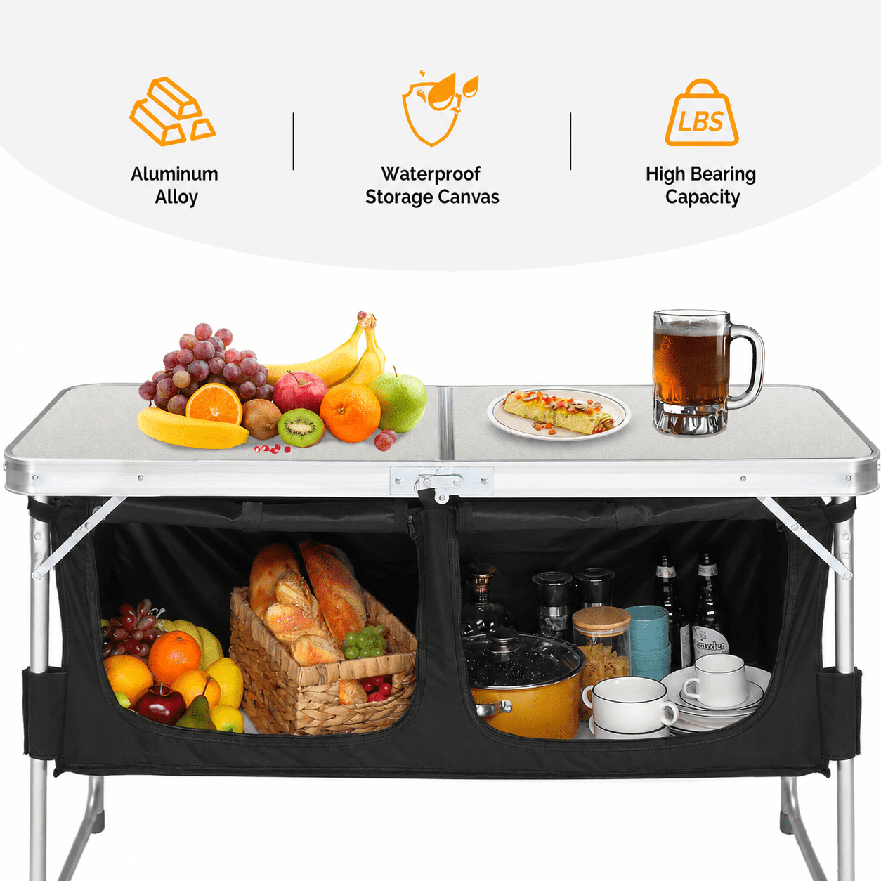 4FT Portable Folding Camping Table with Storage, Aluminum Outdoor Cooking Station with 2 Adjustable Legs, Black