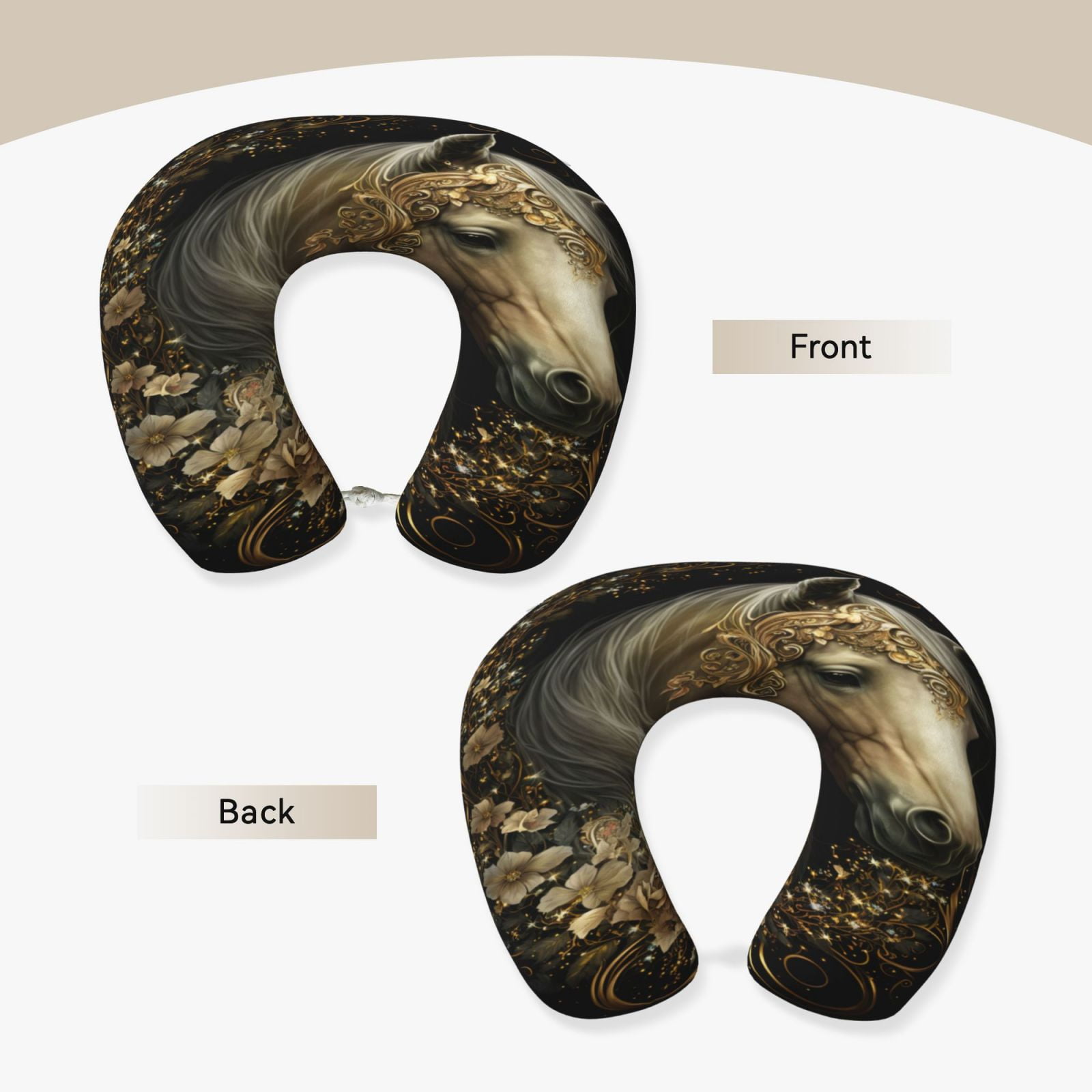 Xecao Palatial Gold Pattern Horse Print Memory Foam Cervical Neck Pillow Versatile U-Shaped Pillows for Home,Office,Camping,Travelling,Soft Washable Cover
