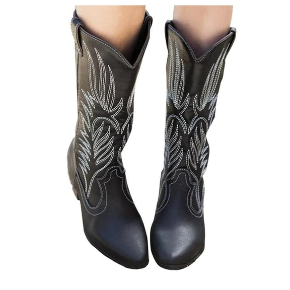 Dakaela Cowboy Boots for Women Embroidered Cowgirl Western Mid Calf Chunky Heel Knee High Boots