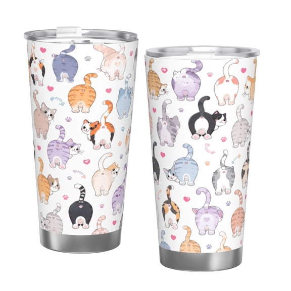 20oz Funny Cat Butt Insulated Tumbler with Handle and Straw Cute Kitty Travel Cup Gift for Cat Lovers with Single Silver Rim