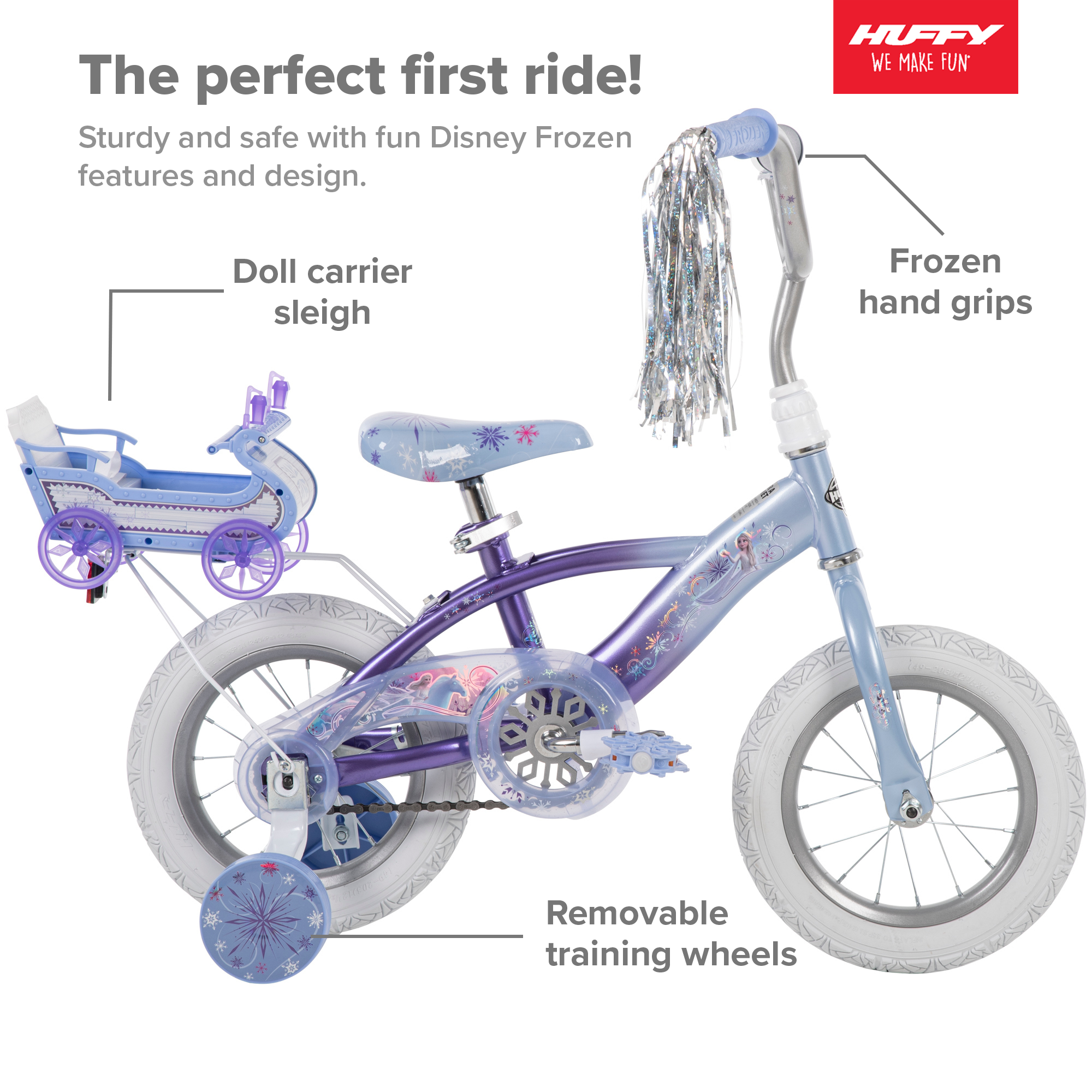 Disney Frozen 12 in. Bike with Doll Carrier Sleigh for Girl's, Ages 2+ Years, White and Purple by Huffy - image 3 of 19