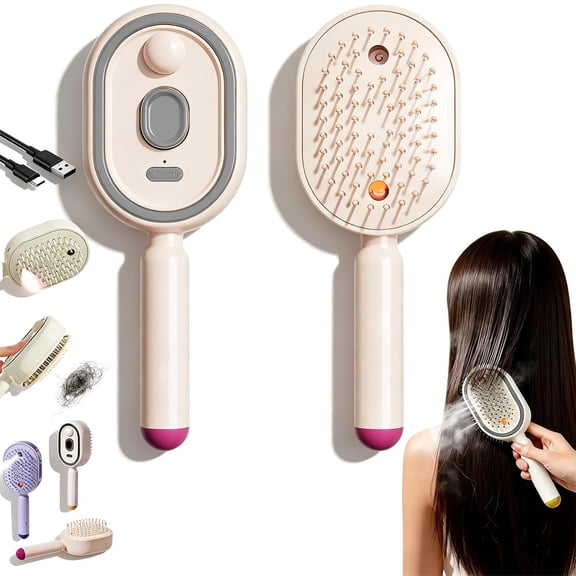 Electric Steam Brush for Hair, Electric Spray Air Cushion Comb, Detangling Steam Brush for Hair, Portable Cordless Rechargeable Red Light Brushs with Detangling Comb, Anti-Static (Pink)