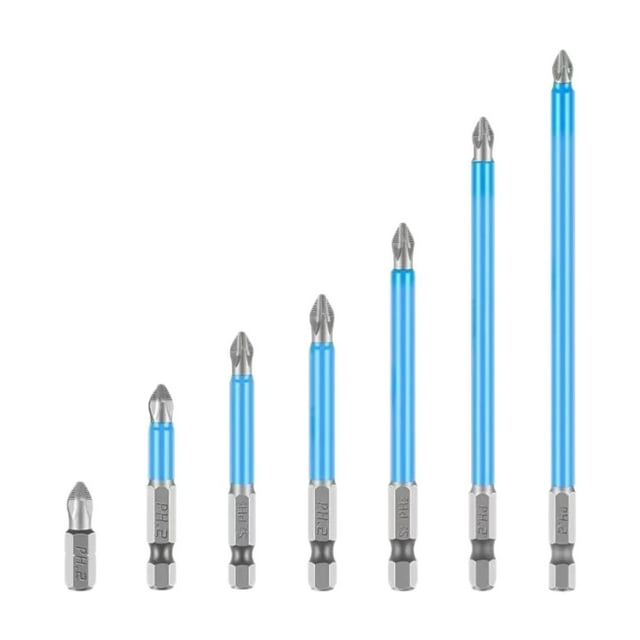 Juego de 7 puntas de destornillador de 1/4" con vástago hexagonal de 25-150 mm y puntas de cruz para tornillos Phillips, para electricistas,