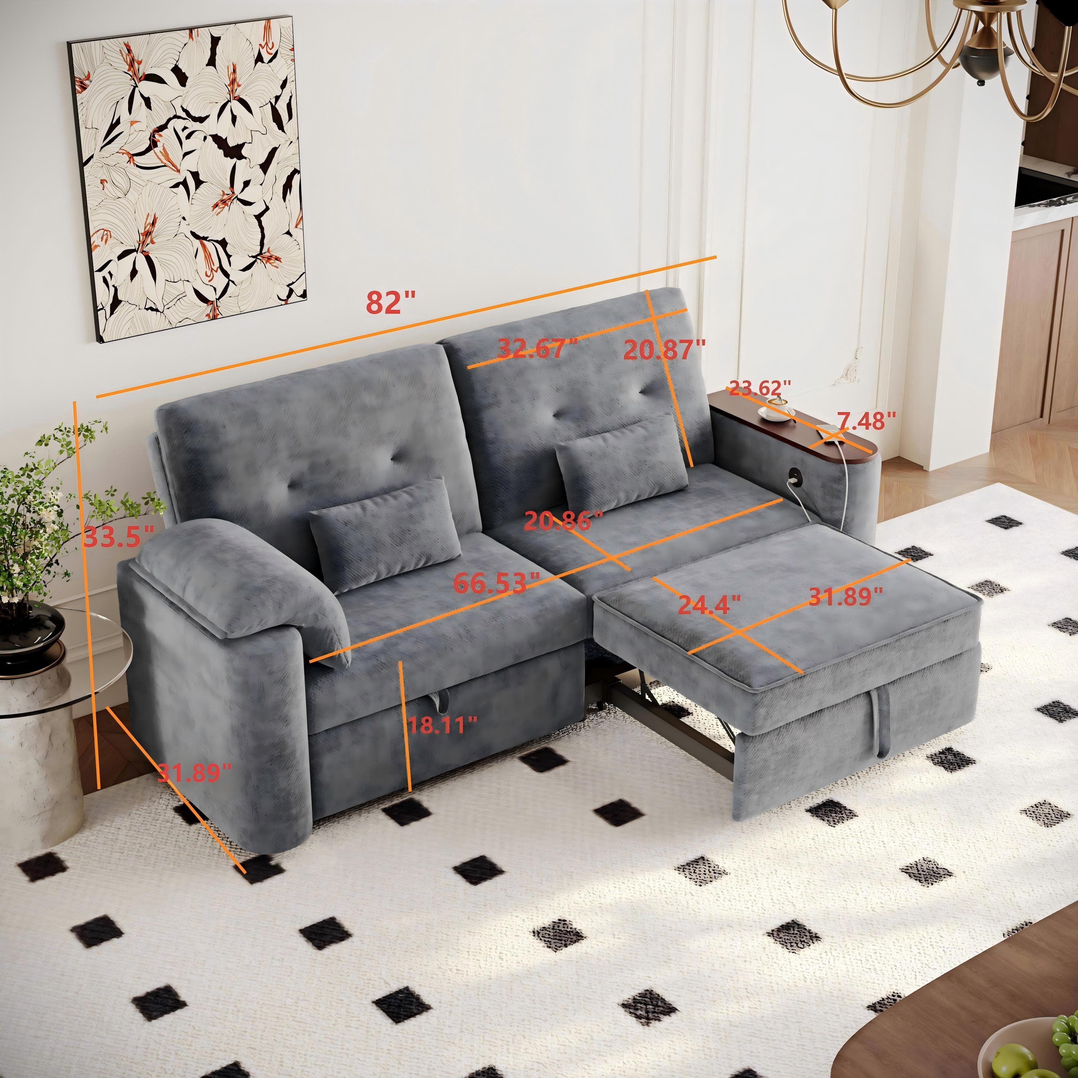 Aukfa 82" 3-in-1 Convertible Sleeper Sofa, Modern Chenille Queen Pull-Out Sofa Bed with USB/Type-C Ports & Rotating Side Table for Living Room & Apartment,Gray