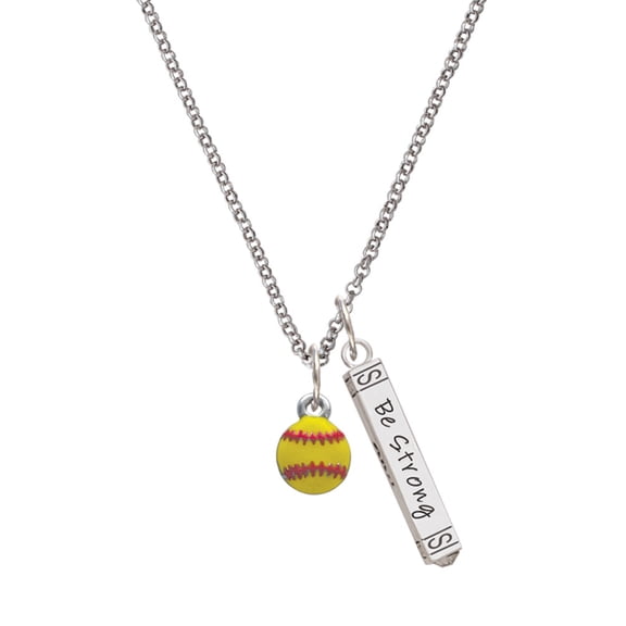 Delight Jewelry Silvertone Mini Yellow Softball - Silvertone Be Strong and Courageous Bar Charm Necklace, 23"